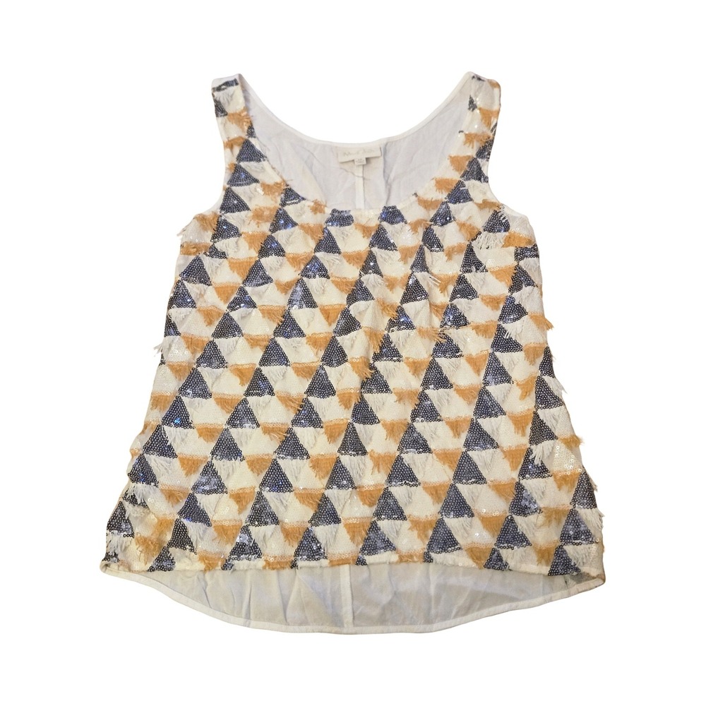 ModCloth Womens Sequin Fringe Geometric Triangle Tank Top Gold Navy Cream Medium